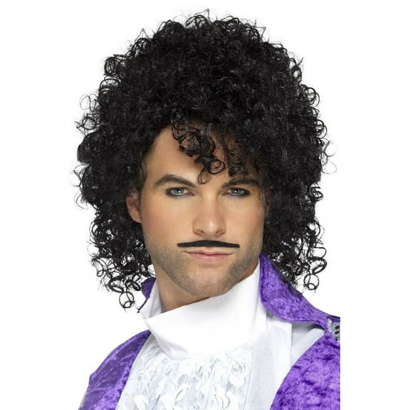 Adult's Mens 80s Purple Musician Black Curly Wig And Mustache Costume Accessory
