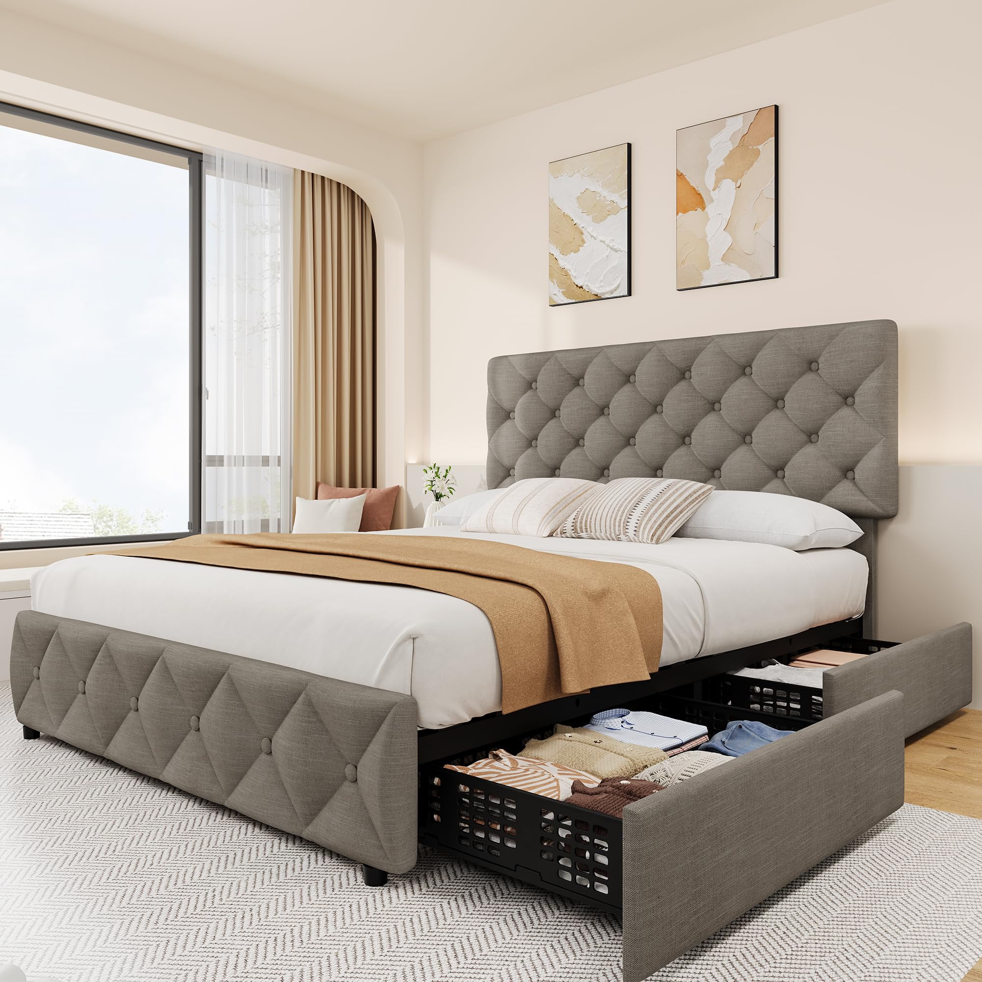 Full/Queen/King Size Bed Frame with 4 Storage Drawers and Headboard, Linen Upholstered Platform Bed Frame, Diamond Stitched Button Tufted, No Box Spring Needed, Easy Assembly