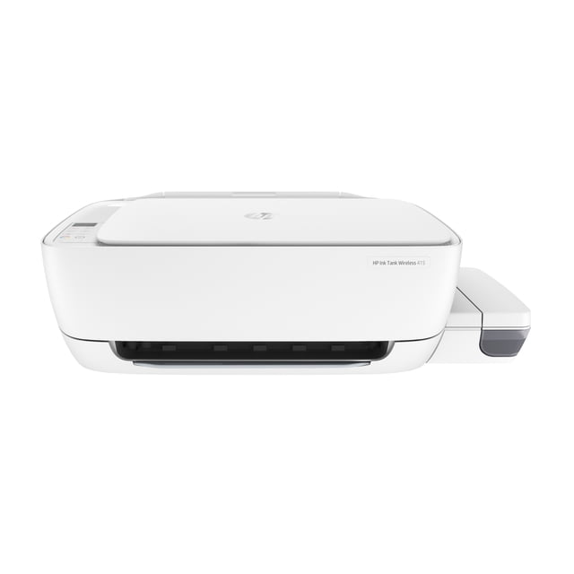 multifuncional hp ink tank wireless 415 inyección de tinta continua impresora blanca, vista frontal centrada con tanque de tinta externo a la derecha y bandeja de salida abajo; imprime, copia y escanea, conectividad inalámbrica y USB 2.0, resolución hasta 1200 x 1200 ppp (negro) y 4800 x 1200 dpi (color); pensada para impresión móvil y grandes volúmenes con sistema de tinta confiable sin derrames.