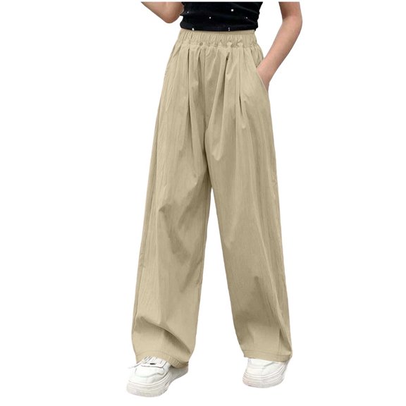 hlysgo Girls Wide Leg Pants Flowy Palazzo Linen Loose Fit Pant Casual Beach Travel Trousers with Pockets Beige Beige,14-15Years