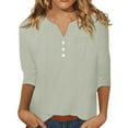 thumbnail image 4 of Women's T-Shirts Cotton Linen Shirt Summer Button Down Top 3/4 Length Sleeve Casual Blouse Oversized Tshirt Linen Fabric 1PC T-Shirt Size L-5XL Oversized Tshirts For Women, 4 of 9