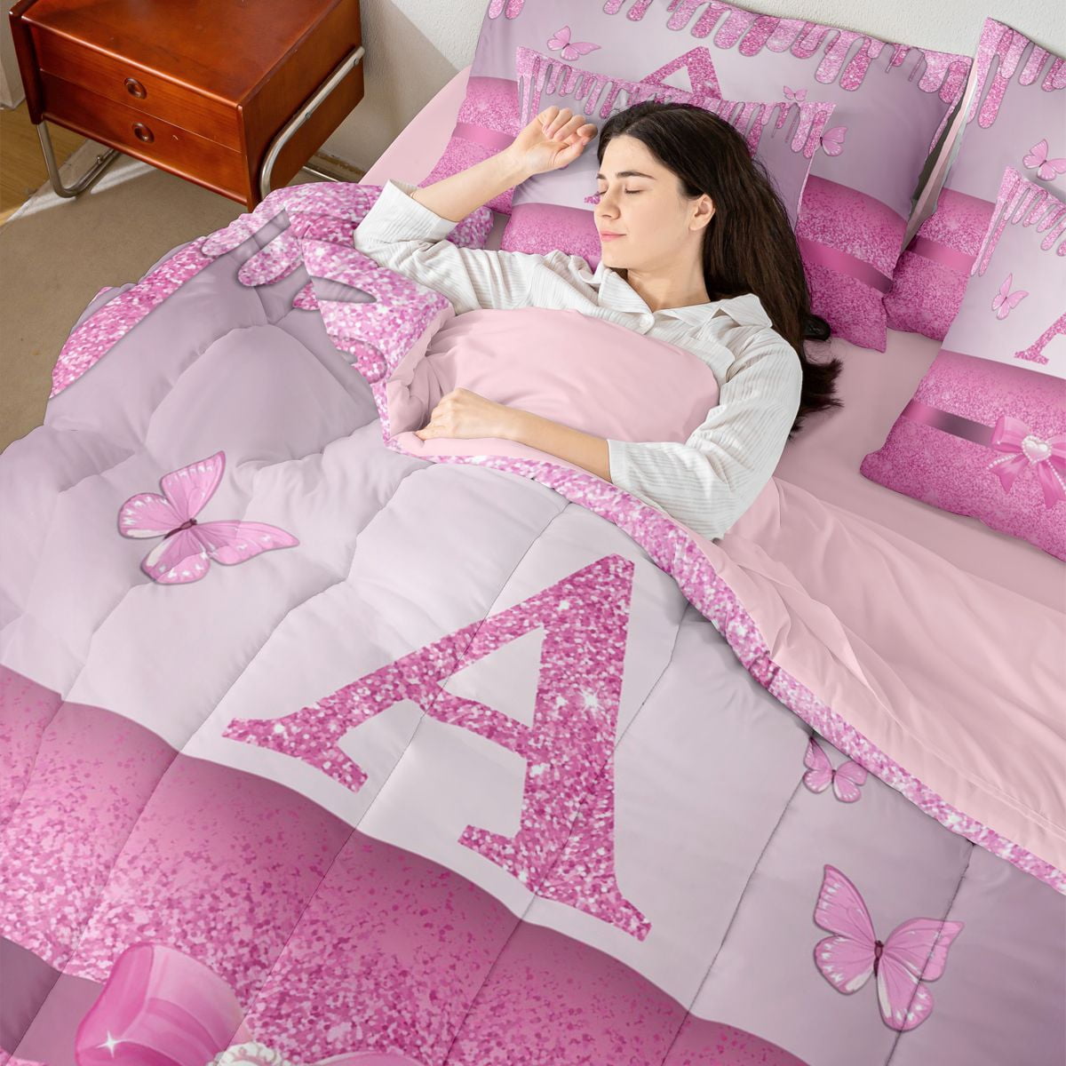 Manfei Letter Monogrammed Initial A Girl 7 Pieces Bedding Comforter Set,Kawaii Bow Butterfly Full Bedding Set Lightweight,Bling Pink Glitter Fitted Sheet Flat Sheet,Lightweight Room Decor
