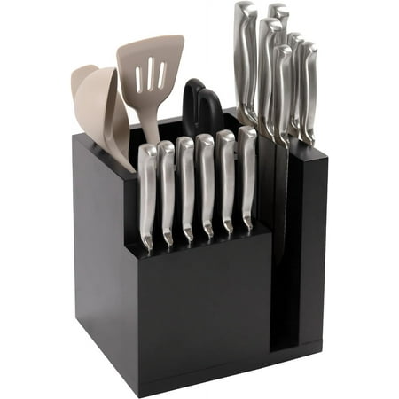 

KitchenEdge Bamboo Magnetic Knife Block and Cooking Utensil Holder Sleek Storage for Chefs Knives Steak Knives Spatulas Scissors Non-Slip Rubber feet Black Finish
