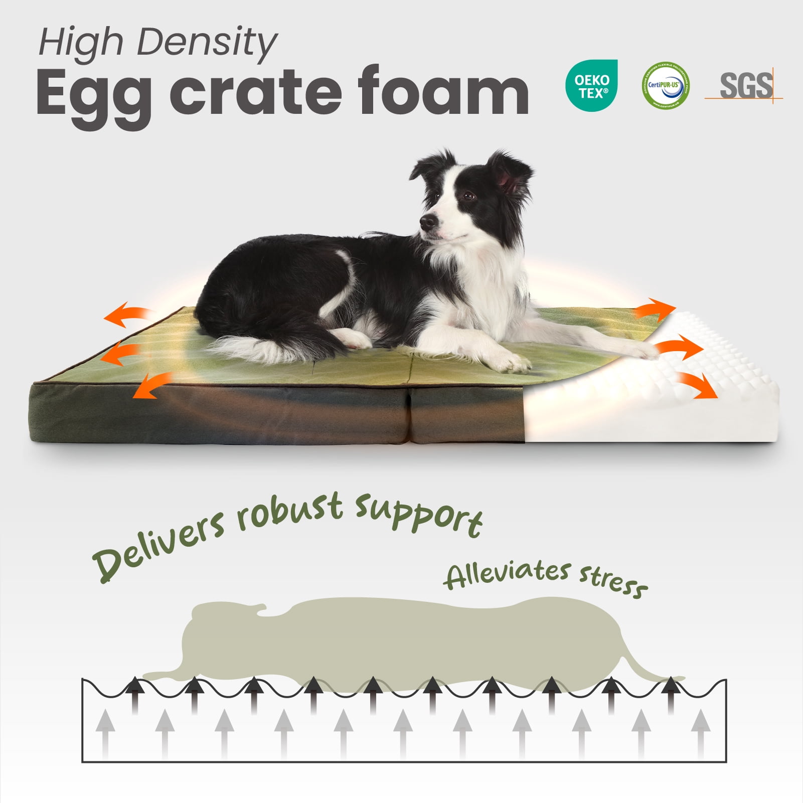 Laifug Foldable Waterproof Dog Bed for Large Dogs - Outdoor Orthopedic Dog Bed with Washable Removable Cover, Pet Mattress with Handles, Army Green, (44 x 32 x 3.5, inches)