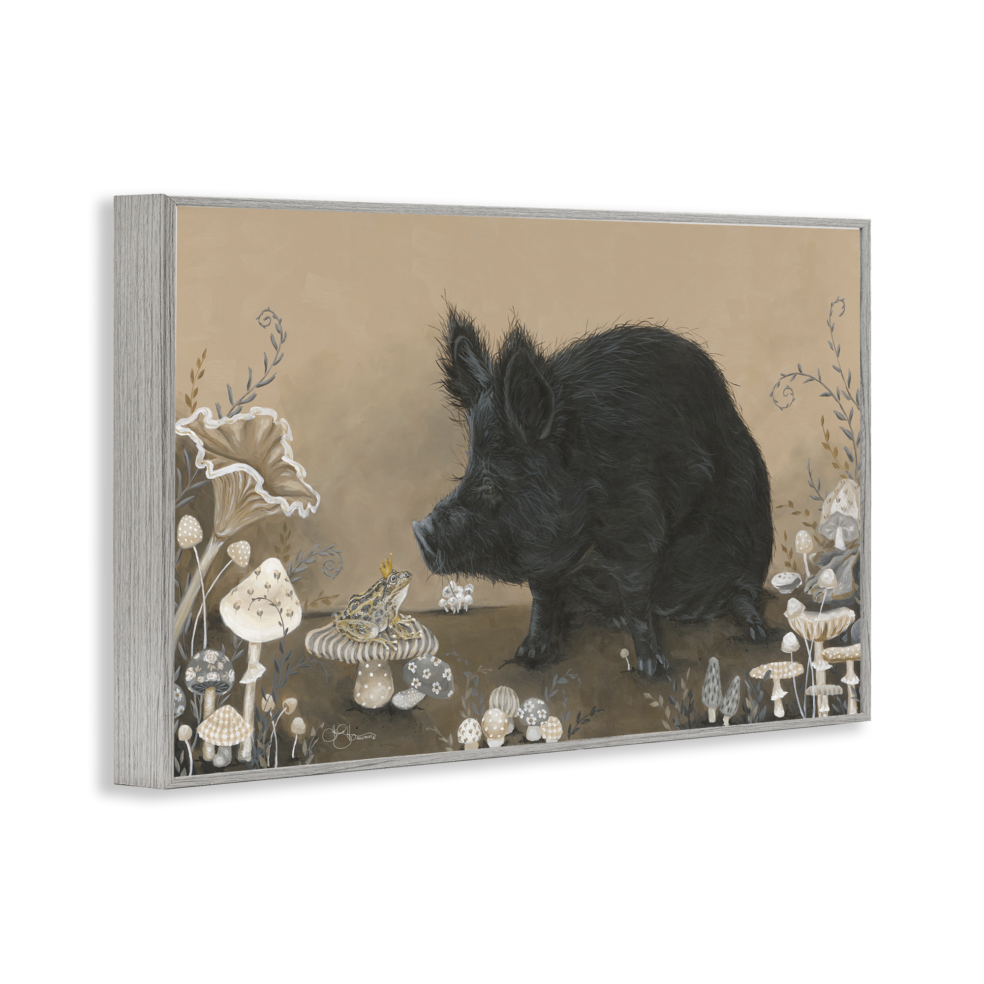 Stupell Industries Hog & Frog with Mushrooms Animals & Insects Painting Gray Framed Art Print Wall Art, 30 x 20