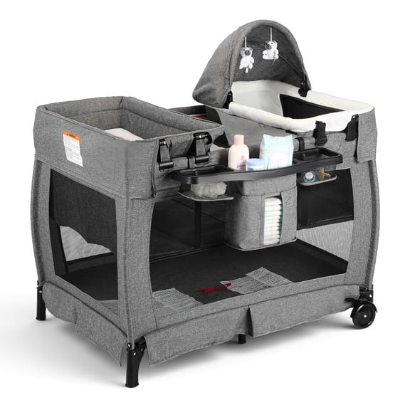 AILEEKISS 3-in-1 Foldable Baby Playard with Bassinet and Changing Table for Newborn, Grey