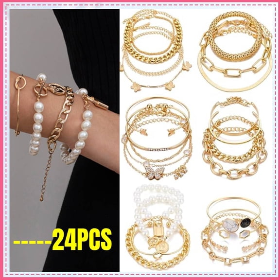 6 PACK (24 PCS)  Waterproof Gold Chain Bracelet For Women Non Tarnish,14K Gold Plated Stainless Steel Link Dainty Bracelets Stake Layered Bracelet Set
