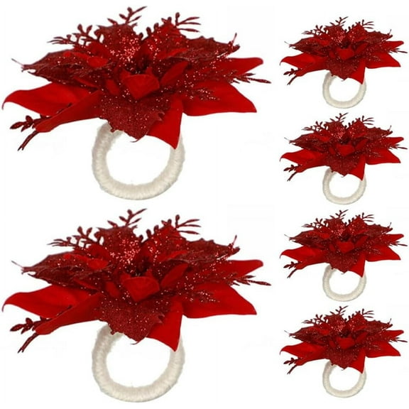 Jinswick Christmas Poinsettia Napkin Rings Set of 4 Napkin Rings Holders with Red Gold Poinsettia Flowers, Christmas Napkin Rings Dinning Table Setting for Wedding Party Holiday Banquet Decor
