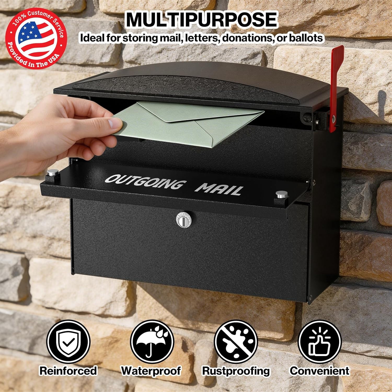 POCHAR Wall Mount Locking Mailbox for Outside, Rust-Proof Aluminum Outdoor Mail Box with Lock & Keys, Drop Box with Combination Lock with Outgoing Flag, Number Stickers (Classic Black)