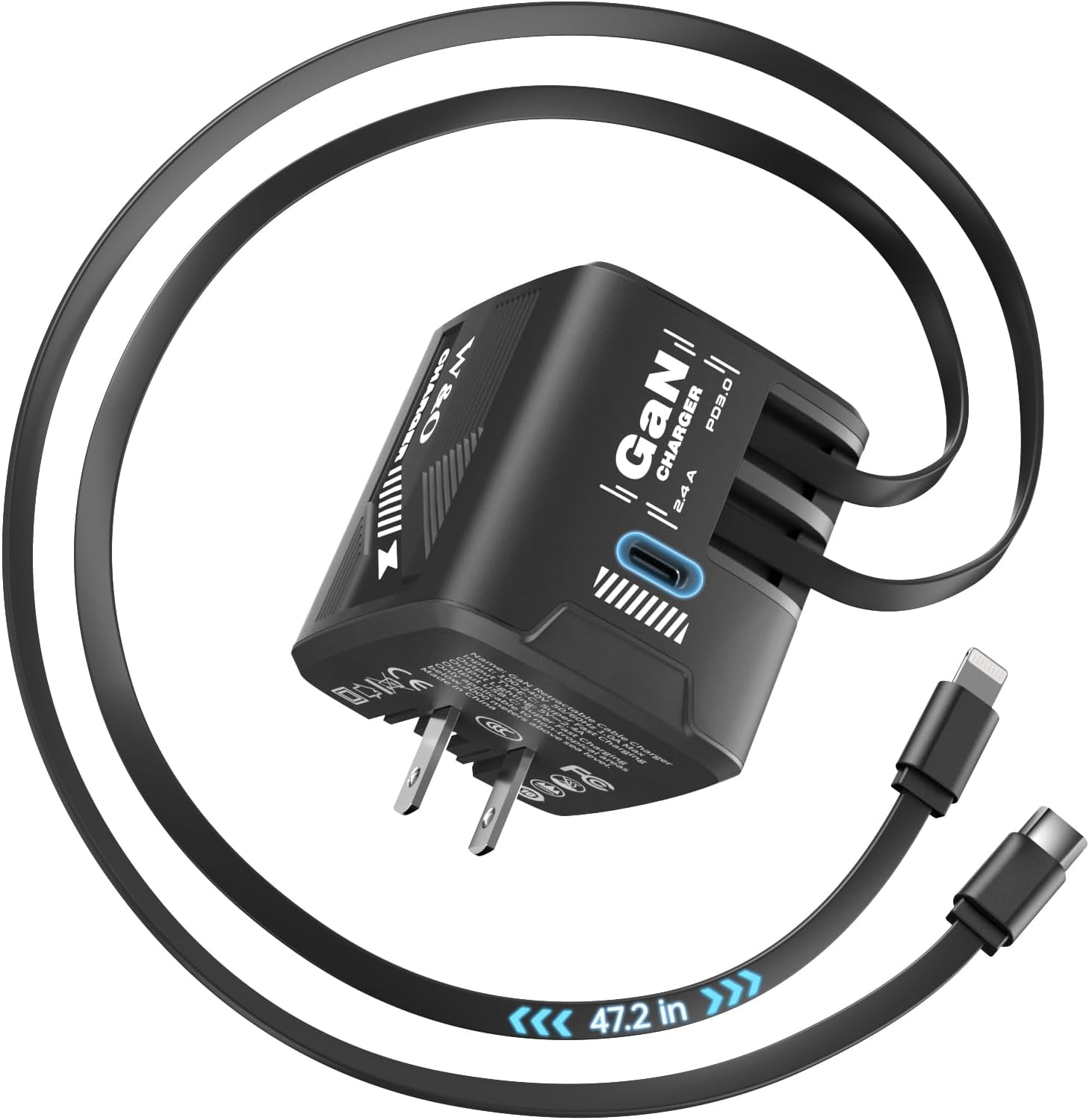 RGHJAR-Fast Charger for iPhone17/16/15,60W gan Charger,Retractable Phone Charger Wall Plug with Lightening and Type-C Cables,for iPhone Series, Galaxy S25/24,Android and More（Black）