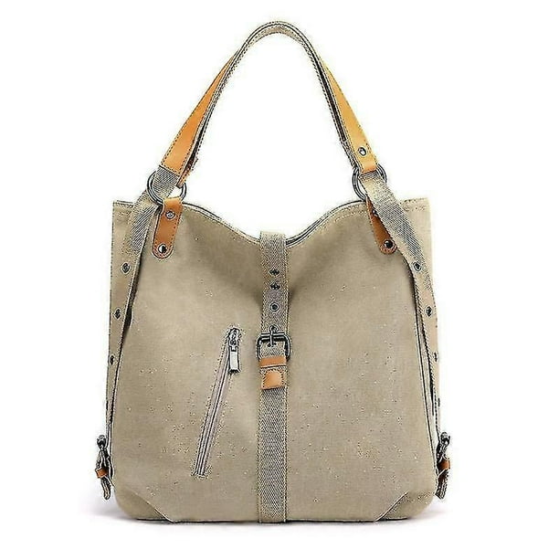 Premium Large Capacity Canvas Bag Shoulder Bag Retro Multi-layers Leisure Backpack For Women Ladies(khaki)(1pcs)