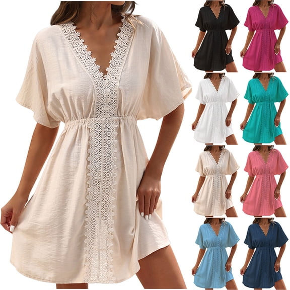 Daiosportswear Swimsuit Cover Ups Women'S Bathing Suit V Neck Ruffle Sleeve Soft Coverups Dress,Cover-Up for Women Watermelon Red 6(M)