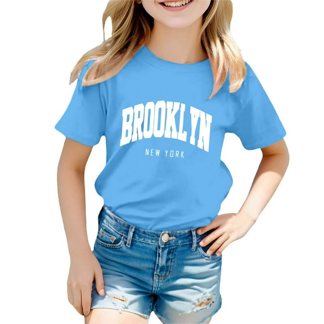 WEIYLL T-Shirts Filles Décontracté Imprimé Lettre Col Rond Manches Courtes Bleu Vêtements Enfants 11-12 Ans