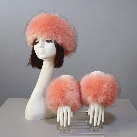 3pcs/Set Women Winter Faux Fox Fur Headband Hats Cuffs Luxury Warm Female Wrist Sleeve Gloves Faux Fur Cap Russian Style Outdoor (13)