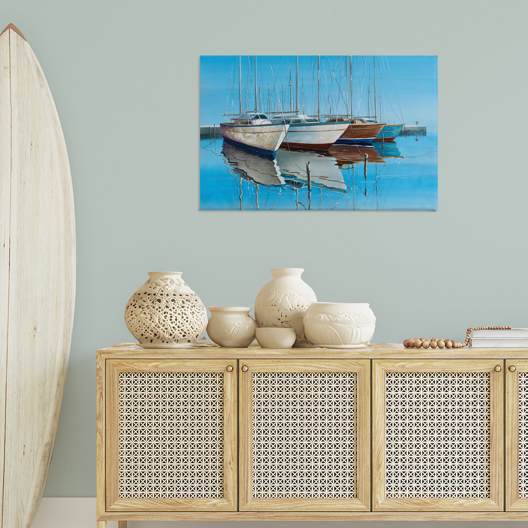 Stupell Industries Four Docked Boats Reflection Transportation Painting Wrapped Canvas Art Print Wall Art, 36 x 24