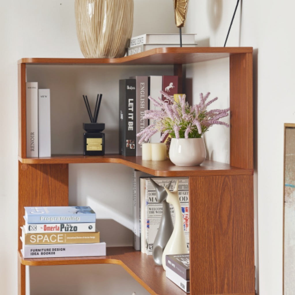 5-Tier L-Shaped Corner Bookshelf, 35.43" Freestanding Wooden Bookcase with Anti-Drop Panels & Anti-Tip Device, Open Display Storage for Living Room, Bedroom & Home Office, Dark Oak