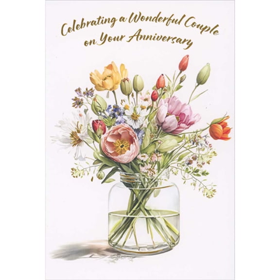 Pictura Celebrating a Wonderful Couple: Flower Bouquet in Glass Jar Congratulations Wedding Anniversary Card