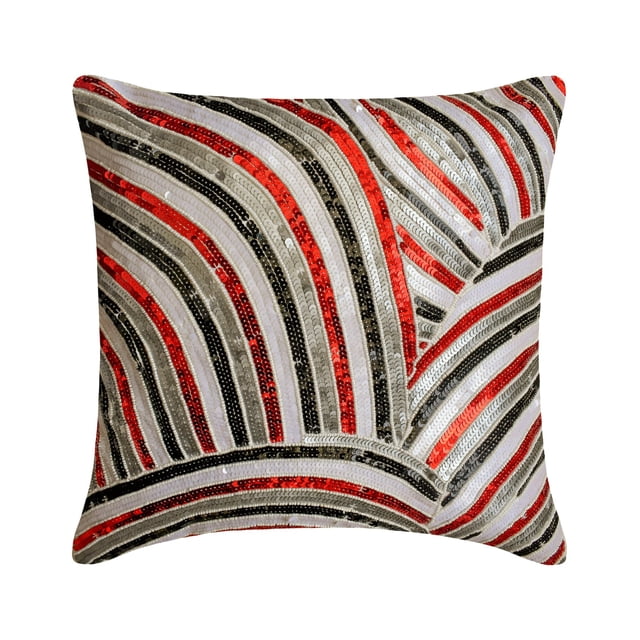 The HomeCentric Housse de Coussin Décorative, Taies d'Oreiller Rouges, Housse de Coussin, Lot de 2, Housse de Coussin 12x12 Pouces (30x30 cm), Housse de Coussin Carrée en Soie Artificielle, Coussin à Paillettes et Perles, Abstrait - Stries Rouges et Noires
