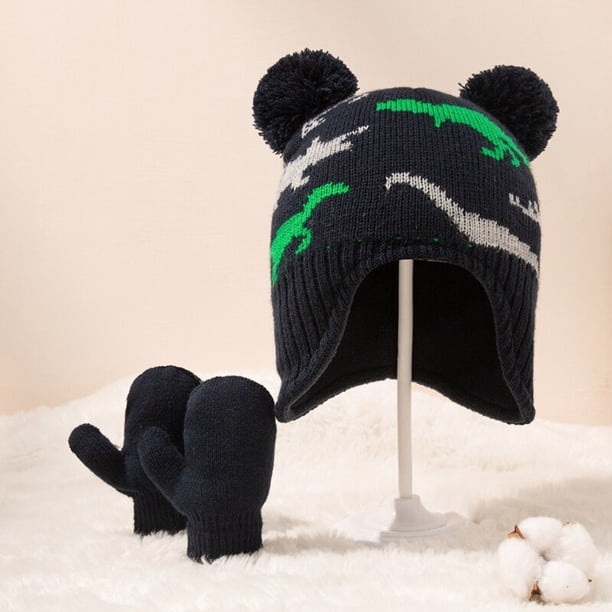 Boy Girl Winter Hat Dinosaur Warm Mittens Set Newborn HairballBeanie Gloves Toddler Fleecce Earflaps Caps Windproof heqiyong LED