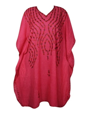 Mogul Women Hot Pink Embellished Floral Short Caftan Lounger Cover Up BOHO CHIC Tunic Dress XL