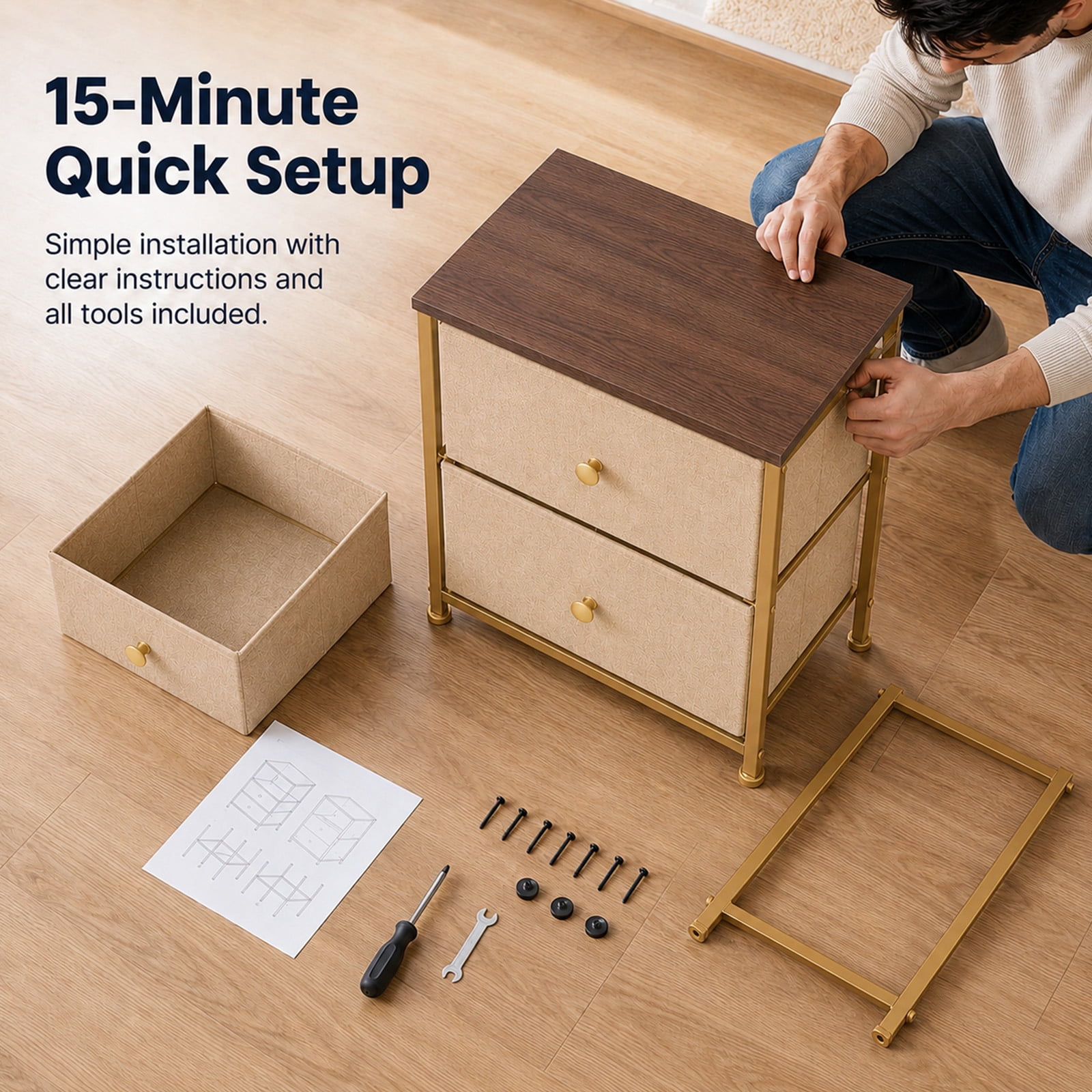 Alvantor Nightstand with 2 Storage Drawers, Small Bedside Table, Small Dresser with Sturdy Wooden Top for Daily Essentials, Compact Nightstand for Bedroom and Small Spaces