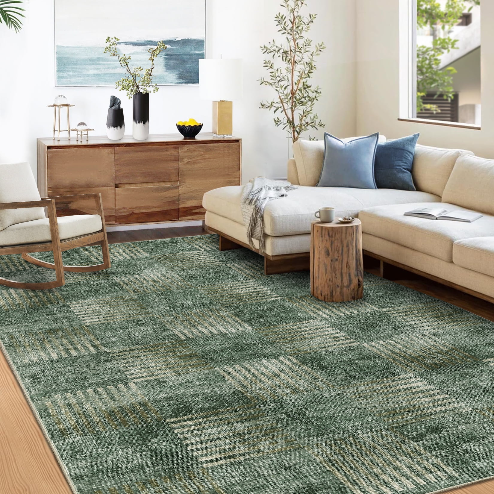 Garvee 9x12 Area Rug Modern Plaid Checkered Rug, Washable Rugs Soft Neutral Indoor Carpet Solid Rug Non Slip Low Pile Rug for Living Room Bedroom Dining Room Office, Green
