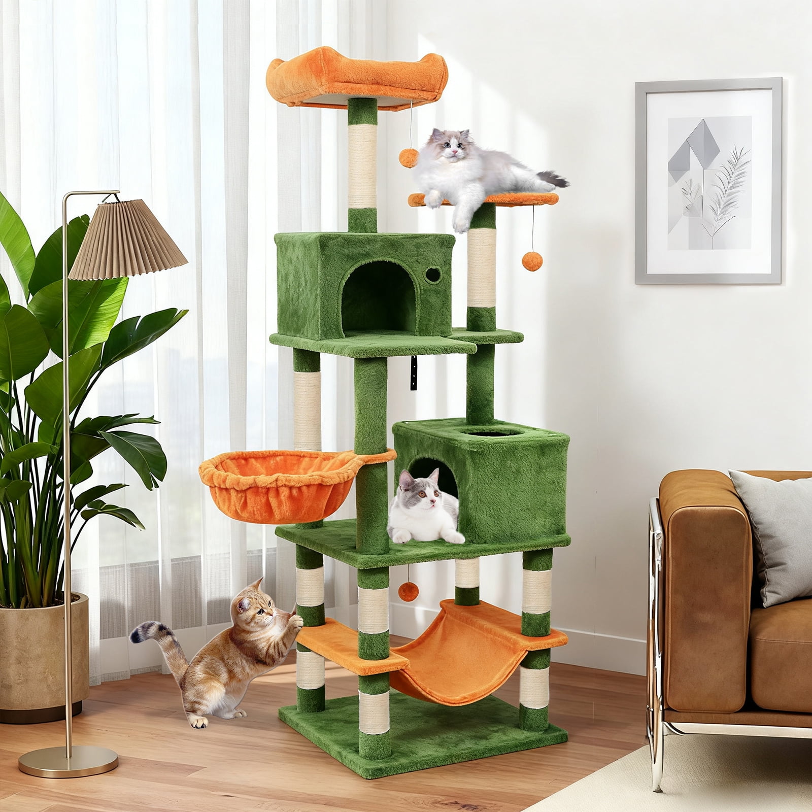 Gymax 66'' Tall Cat Tree w/2 Condos Sisal Scratching Posts Plush Perch Hammock Basket