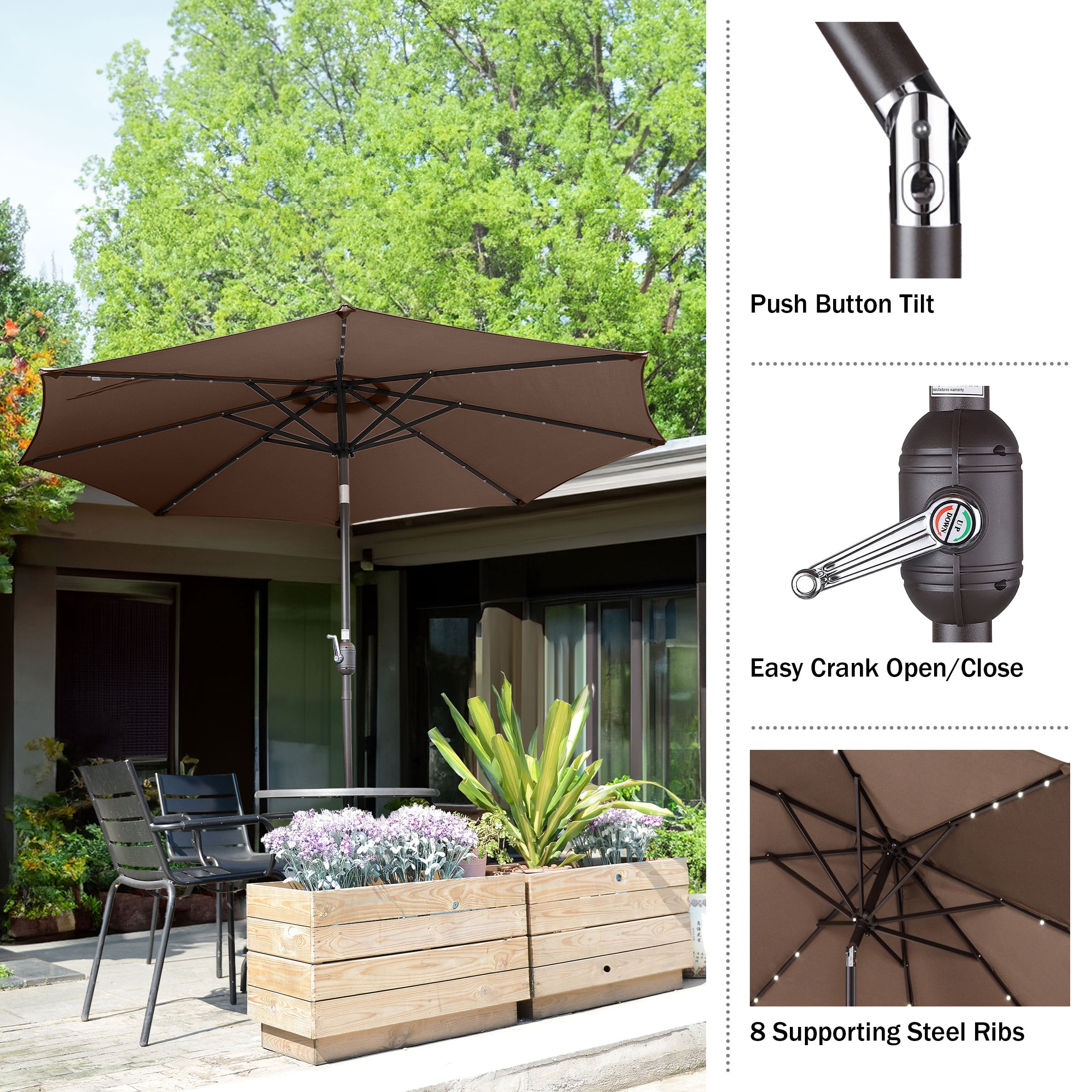 Villacera 9FT Outdoor Patio Umbrella with Solar Lights and Tilt, Brown