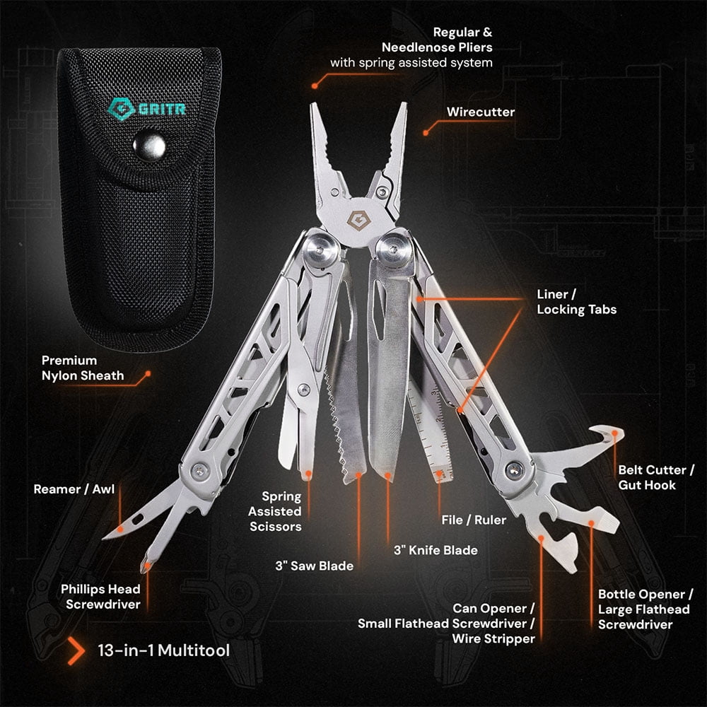 GRITR 13-in-1 Stainless Steel EDC Pocket Camping Multitool w/ Nylon Sheath