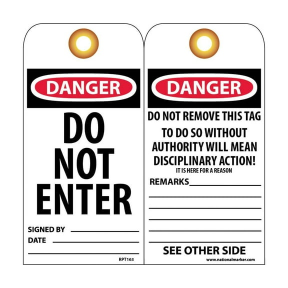 NMC Signs Rpt163G, Danger Do Not Enter Tag, 6 X 3, Unrippable Vinyl .015