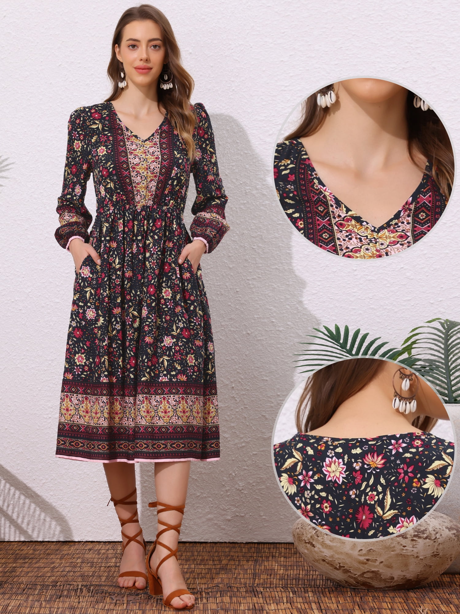 DARING DIVA Floral Elastic Waist Split A-Line Midi Dress M Navy Blue