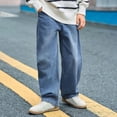 thumbnail image 4 of WERYOUNG Boy's Pants Solid Color Elastic Waist Classic Denim Trousers Kids Casual Wear Stretch Fit Wide Leg Jeans Home Lounging Versatile Cozy Pant, 4 of 4