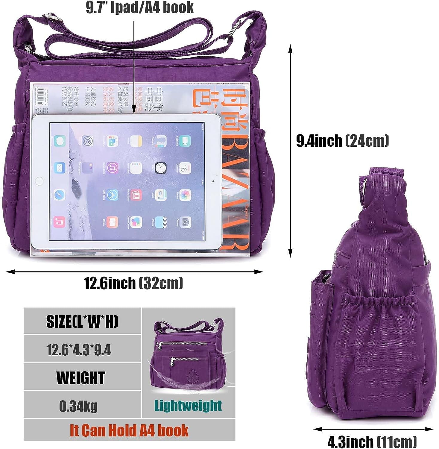Crossbody Bag for Women, Multi Pockets Waterproof Nylon Shoulder Handbag,Crossbody Purse,Lightweight Pocketbooks