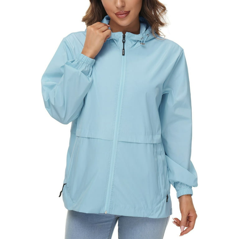 SMihono Young Girls Casual Outwear Jackets Women Solid Color Rain Jacket  Outdoor Hooded Windproof Loose With Pocket Coat Sky Blue 12 
