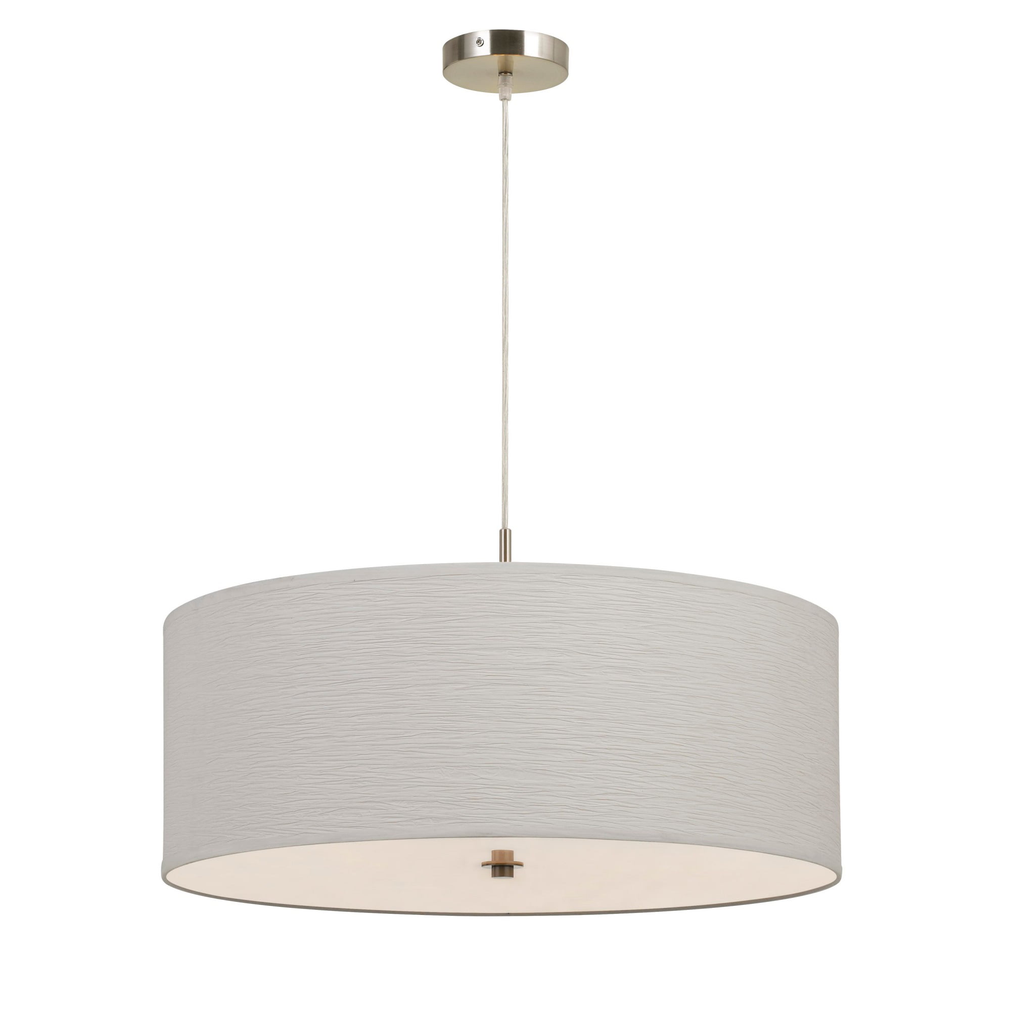 Benjara Drum Style Pendant Fixture with Fabric Shade and Brushed Details White 