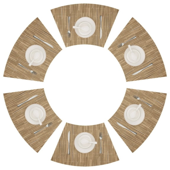 Wedge Shape Table Placemats Set of 6, Heat Resistant Kitchen Table Mats for Round Dining Table, Woven Vinyl PVC Wipeable Home Decor for Kitchen, Tan