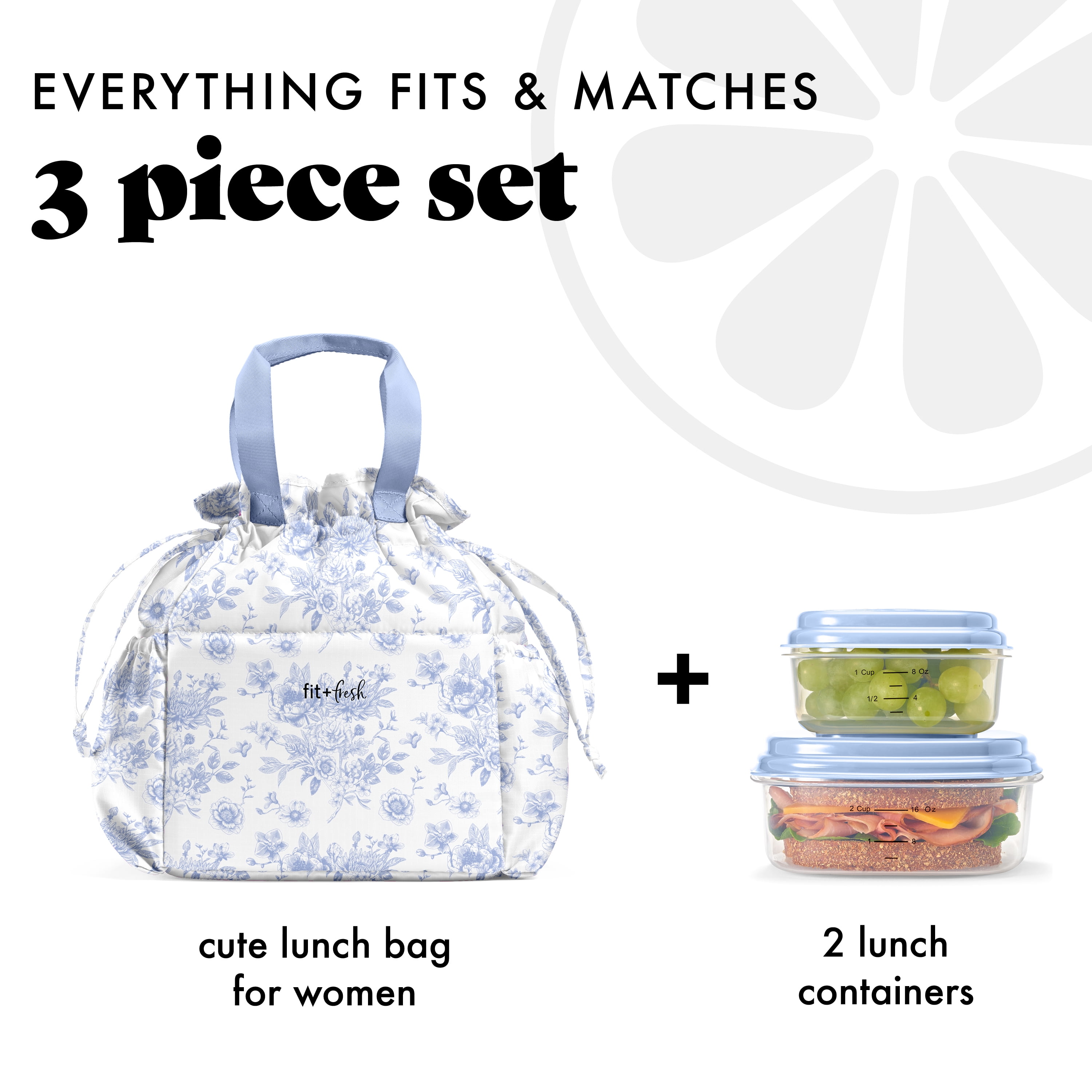 Fit + Fresh Cromwell Women's Lunch Bag, Cinch Closure Lunch Box With Containers, Cornflower Toile