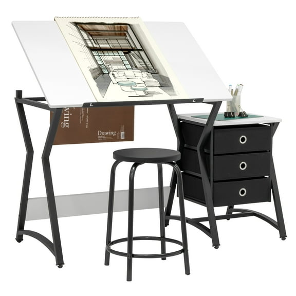 Hourglass 2 Pc Craft Center with Angle Adjustable Drafting Drawing Top, Storage Drawers, and Stool 13293