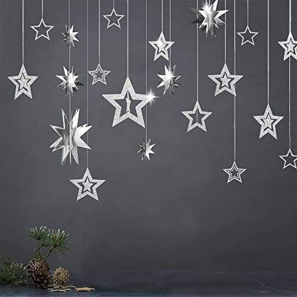 Guirnalda Decoration Decor365 con purpurina, estrella plateada, estrella 3D