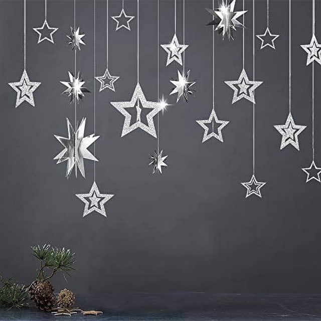 Guirnalda Decoration Decor365 con purpurina, estrella plateada, estrella 3D