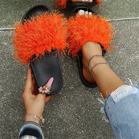 

〖Yilirongyumm〗 Orange 40 Slippers For Women Fashion Summer Women Slippers Flat Comfort Solid Color Plush Casual Beach