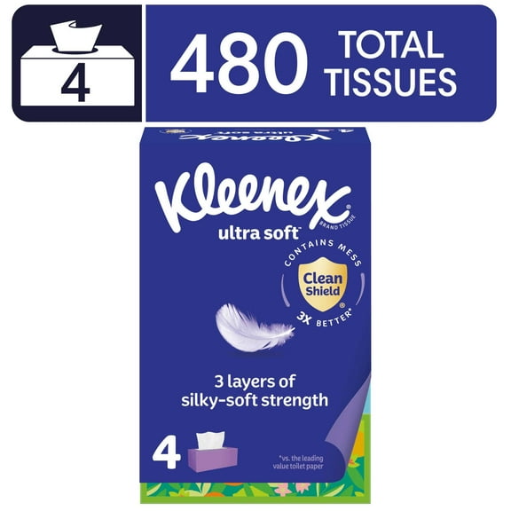 Kleenex Ultra Soft Facial Tissues, 4 Flat Boxes, 120 Tissues per Box, 3-Ply