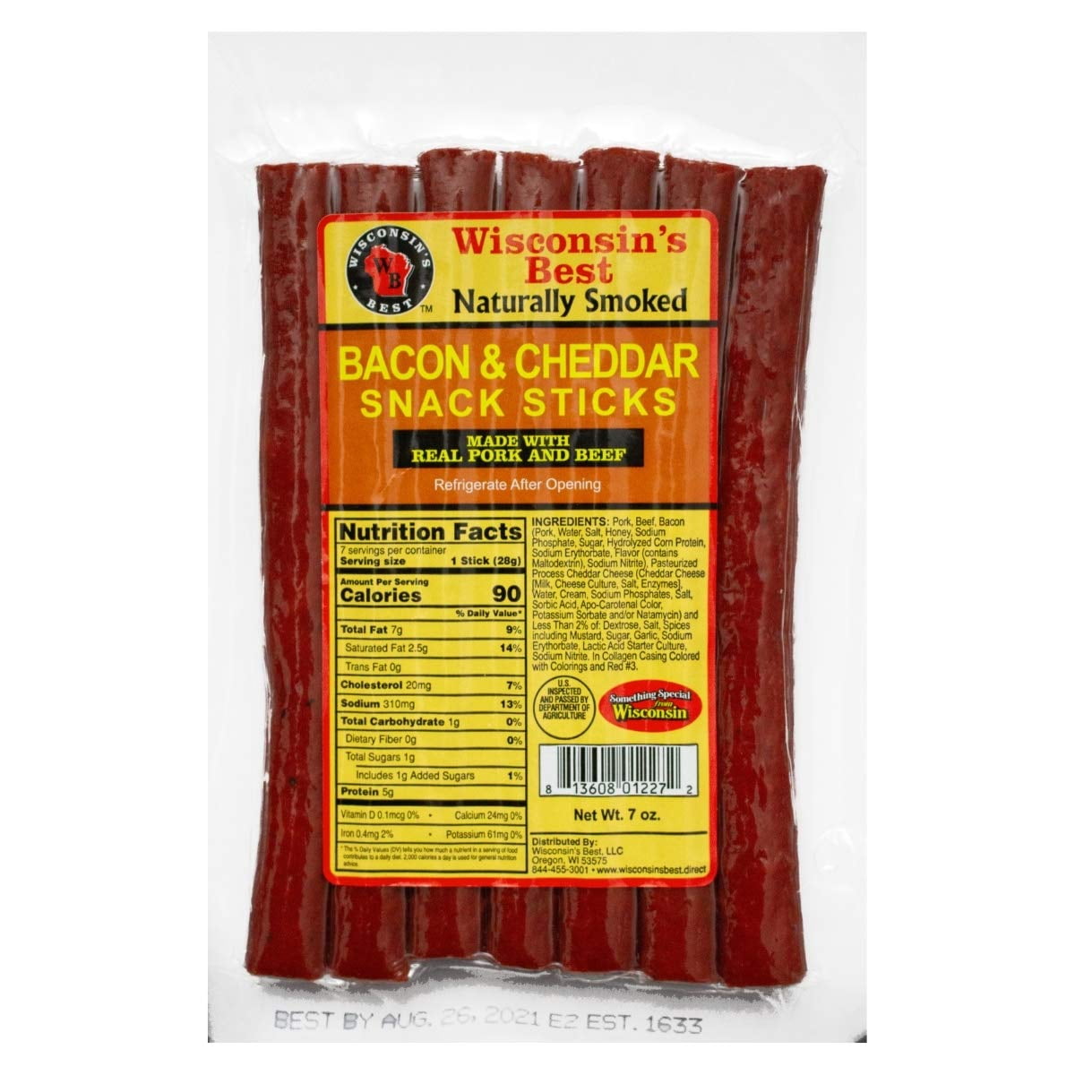 Wisconsin's Best Bacon & Cheddar Snack Sticks, 7oz, 1 ct, Shelf Stable, Keto Friendly, High in Protein, Low Sugars, Low Carb Snacks, Made with Real Wisconsin Cheese