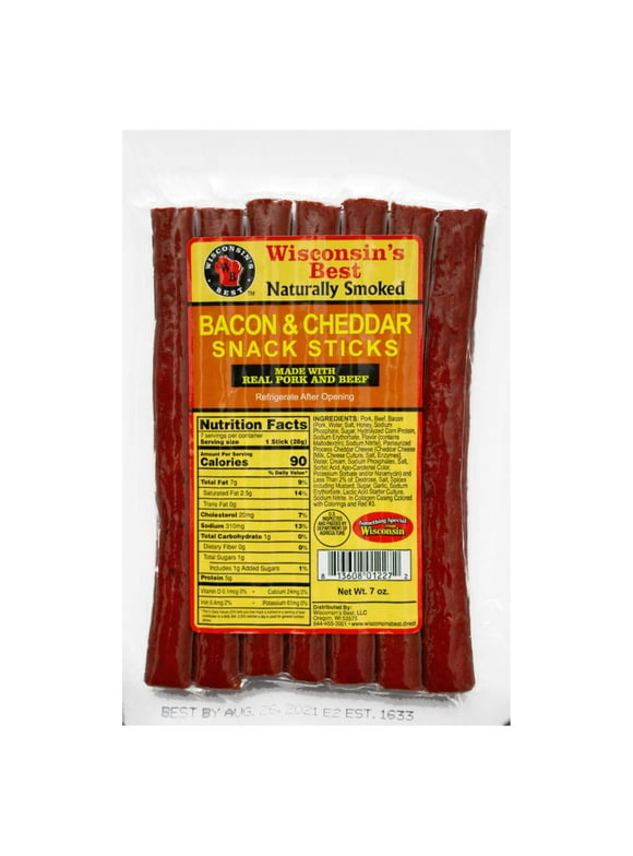 Wisconsin's Best Bacon & Cheddar Snack Sticks, 7 oz, 1 ct, Shelf Stable, Keto Friendly, High in Protein, Low Sugars, Low Carb Snacks, Made with Real Wisconsin Cheese