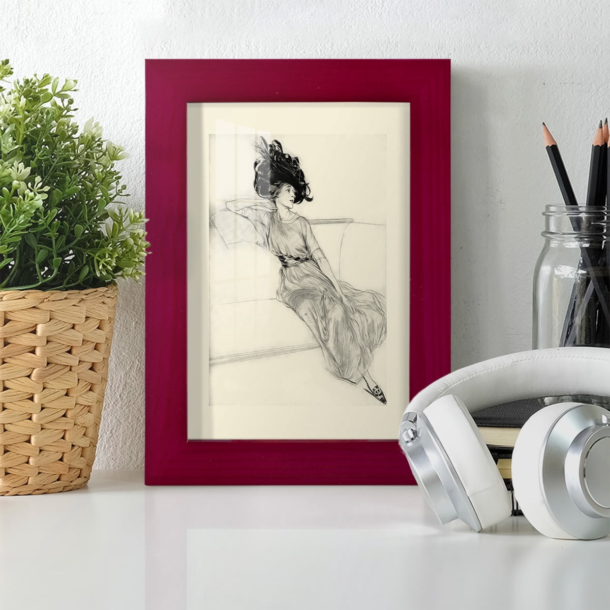 Feather Hat I -Framed Print w/glass-Cherry Red