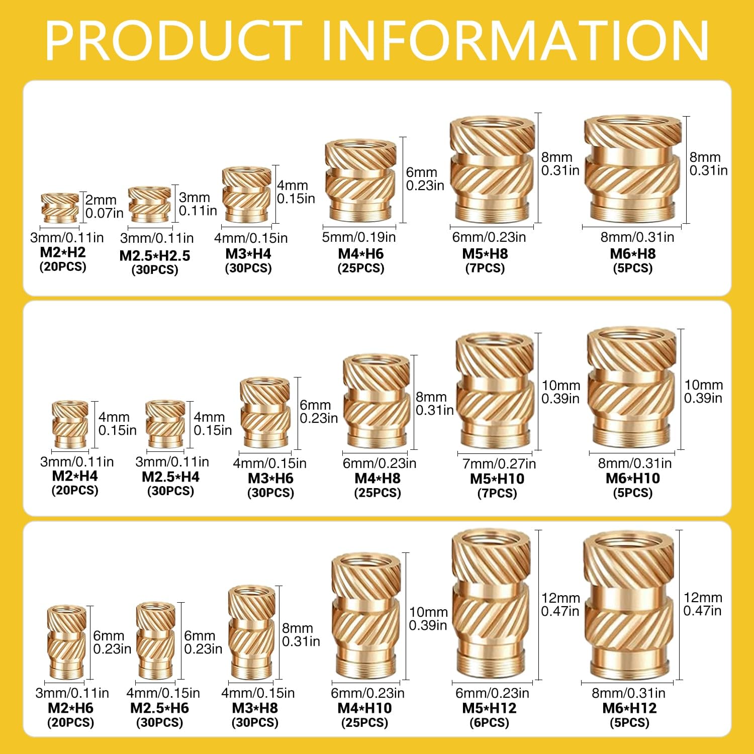 350 thread insert, 2/2.5/3/4/5/6 metric thread brass press-in nut set for plastic and 3D printing components injection molding