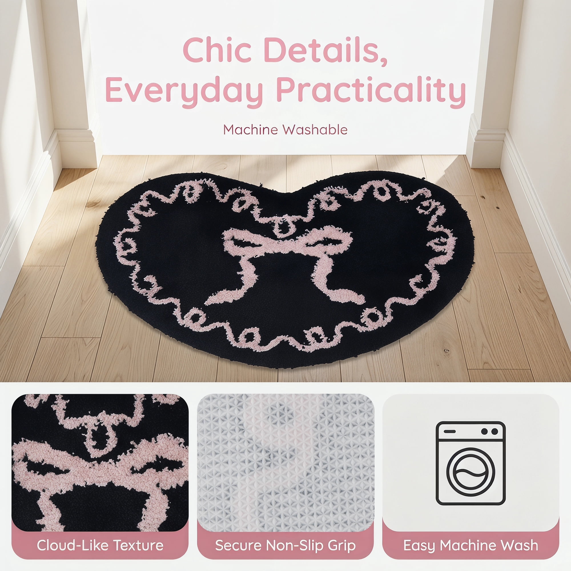 Unique Bargains Heart Shaped Shaggy Faux Fur Area Rug Non Slip Soft Plush 24" x 16" Black