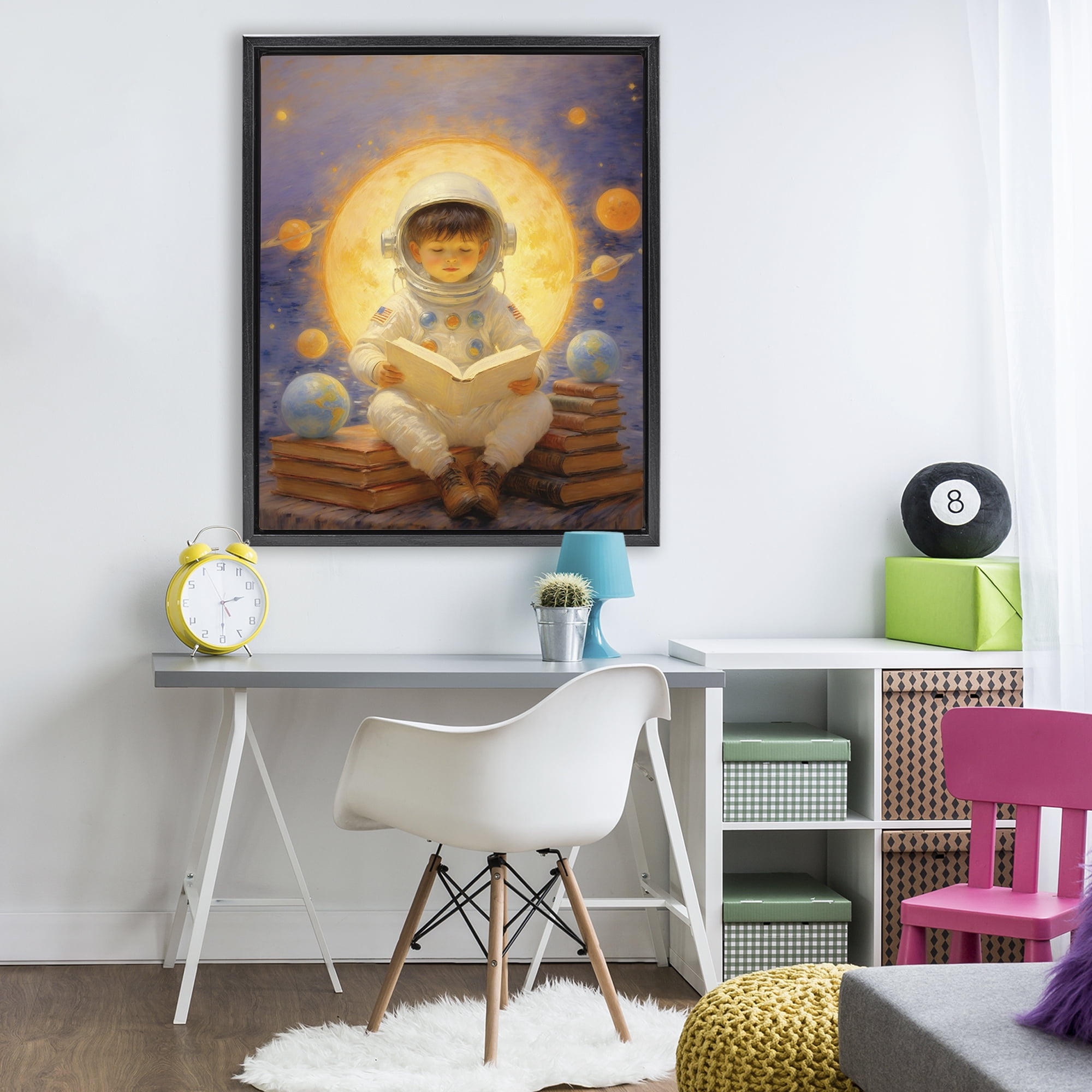 Astronaut Child Learning Black Framed Floater Canvas Wall Art, design by Angie Hawke