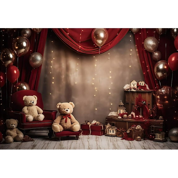 Mehofond Christmas Bear Toy Photography Backdrops Kids Portrait Photocall Xmas Red Curtain Sofa Balloon Background r Props