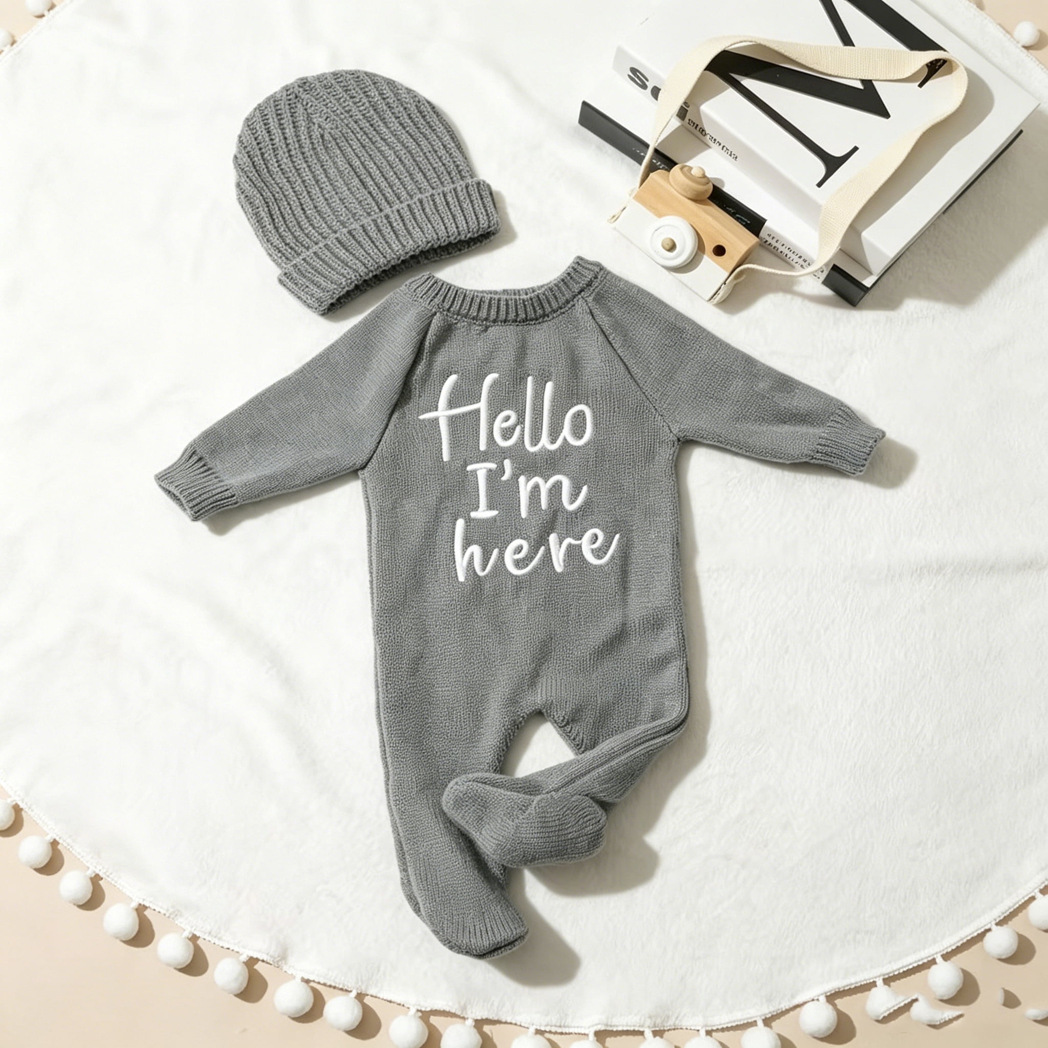 "Hello" Embroidery Knitting Onesie Newborn Birth Announcement Outfits Footed Jumpsuit Baby Boy Girl Photography Props Newborn